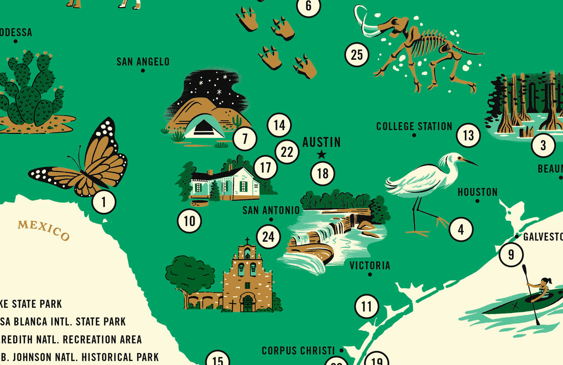 Iconic Parks of Texas Map Poster